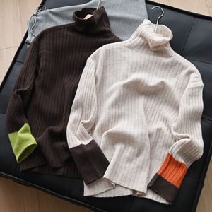 
Special women's turtleneck wool sweater, contrasting cuff top, knitted wool sweater, autumn and winter