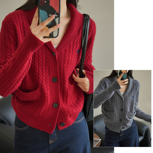 
Early spring 16-count double-ply wool women's elephant lapel cardigan sweater retro twist knitted top