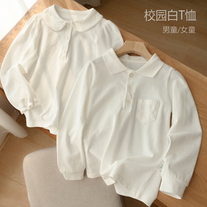 
Campus white T-shirt Class A children's beaded cotton polo shirt for boys and girls pure cotton long-sleeved base shirt for mid-sized children's spring style