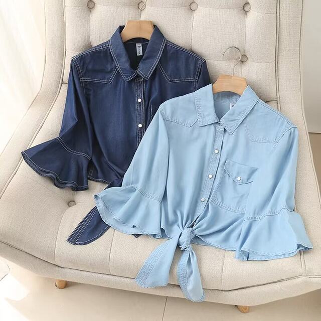 Large size ~ 2024 summer new style thin hem knotted denim shirt women's mid-sleeved shawl jacket for women
