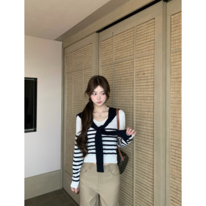 BBen sea salt milk cover shawl V-neck striped sweater women's 2026 summer new loose casual top