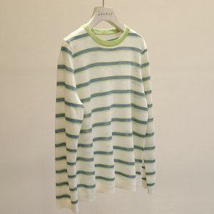
Summer ice silk feeling ~ Thin fresh striped round neck long-sleeved sweater for women loose slimming right shoulder sun protection blouse