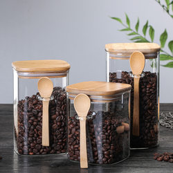 Square glass sealed jar household storage jar with wooden spoon condiment bottle kitchen glass storage jar