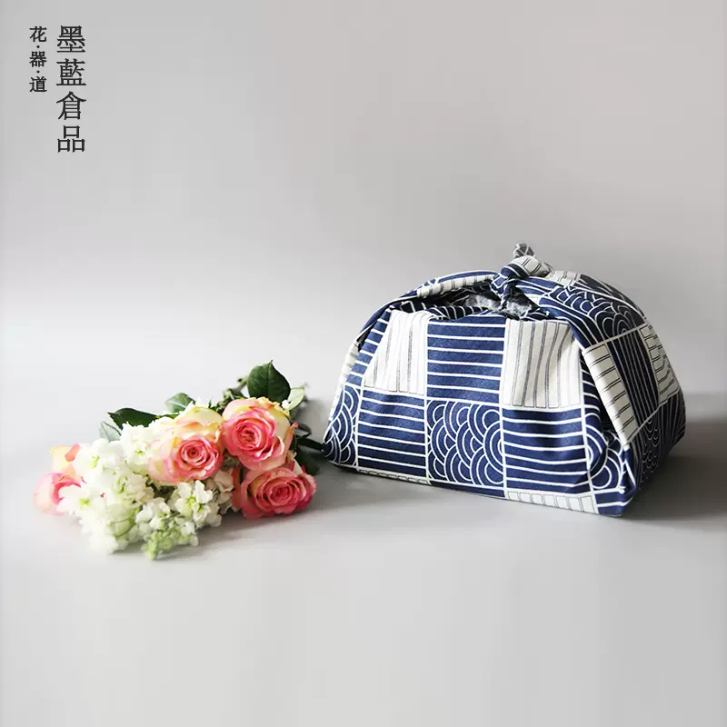 風呂布送禮包裹用日式和風水紋藍色綠色條紋棉麻