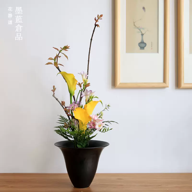 新池坊生花花器花瓶日本花道手工陶瓷磨砂蓝色淡蓝立花日式插花禅-Taobao