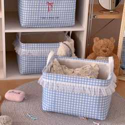 Lace Grid Thickened Fabric Clothing Storage Box, Household Children's Toy Storage Basket, Student Dormitory Clothing Storage Box