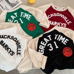 
Children's long-sleeved T2026 new autumn products for boys and girls, contrasting color label T-shirts, baby printed letter T fashion