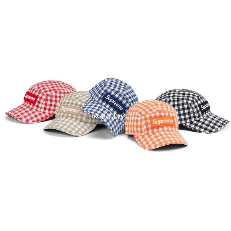 英国代购Supreme23 GINGHAM CAMP CAP 拼色格纹贴标刺绣鸭舌帽-Taobao