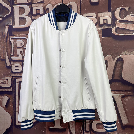 
Autumn and winter white leather jacket for men's head layer calf leather motorcycle casual baseball uniform white simple temperament jacket