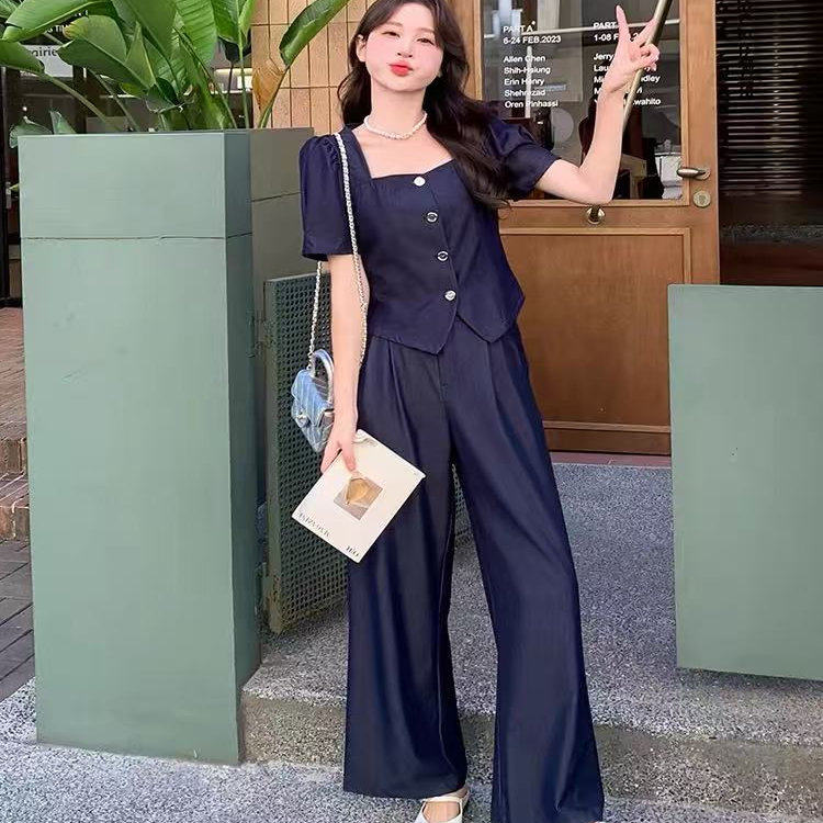 Girls Summer Lace Vest Denim Wide Leg Pants Two-Piece Set