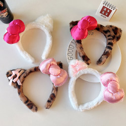 Sweet and Cool Style Plush Cute Leopard Print Kt Cat Bow Headband Autumn and Winter Face Washing Hair Clip Super Cute High Cranial Headband