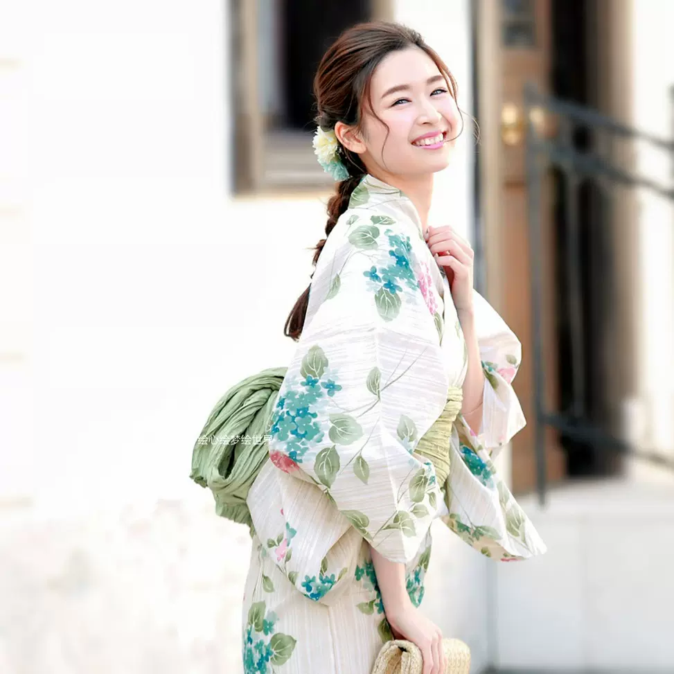 日本和服浴衣套裝 白x薄緑紫陽花與桔梗 棉麻浴衣 帶夏日祭 Taobao