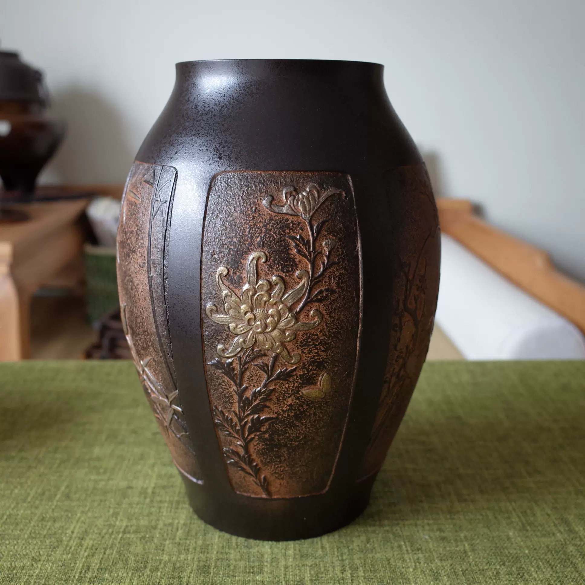 日本茶器花器花瓶【花瓶青铜花鸟雕象嵌龙仙作共箱】A026I367-Taobao