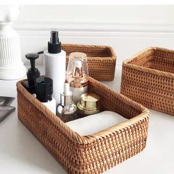 Handmade Rattan Storage Basket for Bedroom and Living Room, Desktop Cosmetic Storage Box, Entryway American-Style Miscellaneous Storage Basket