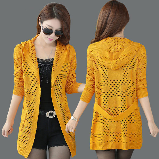 
Hot fashion women's spring sweater hollow hooded cardigan summer mid-length sweater with shawl jacket