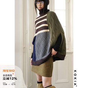 
KOKIA spot celebrity's same style wool cable diamond twist jacquard color matching turtleneck cape sweater jacket