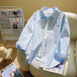 Blue Shirt for Women, Spring and Autumn 2026 New Style, Light Luxury, High-End, Stylish, with Small Embroidery, Casual, Lazy Style, Pure Cotton Shirt