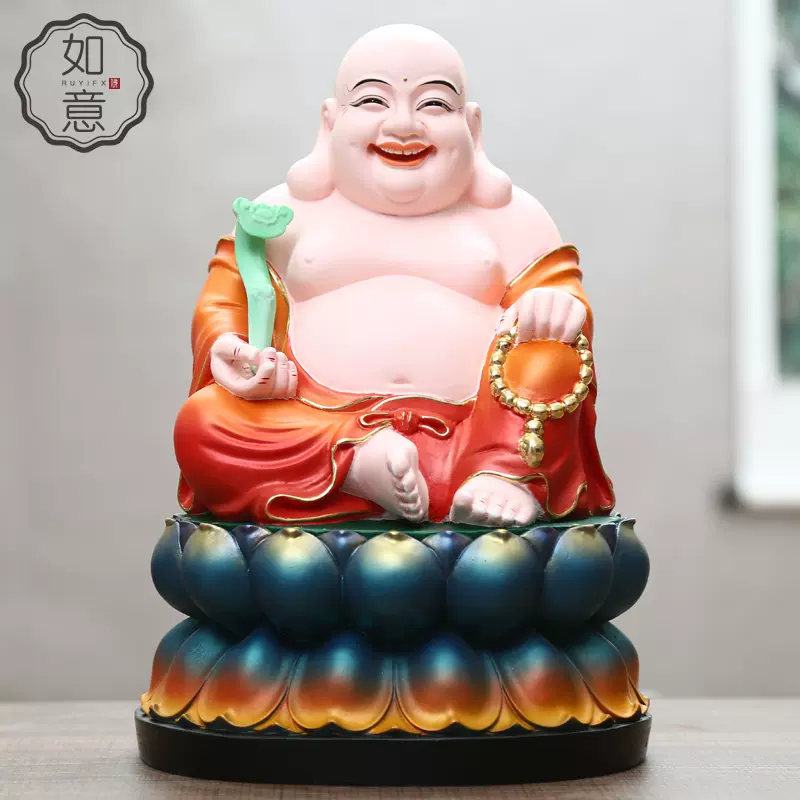 置物　弥勒佛 粉彩人物 寺廟佛像樹脂七彩彌勒佛家用彌勒佛擺件開心大肚彌勒佛