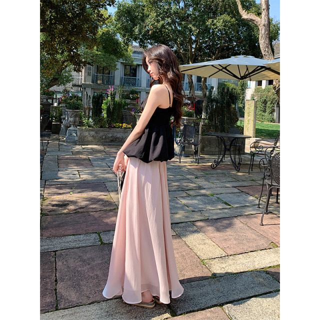 Island satin sparkling elastic waist skirt summer new style flowing sweet temperament drooping A-line long skirt