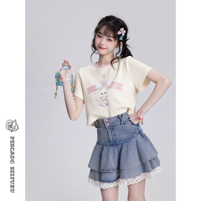 Salted fish wardrobe Lace denim skirt Women's summer sweet and cute cake skirt A-line short skirt Small skirt