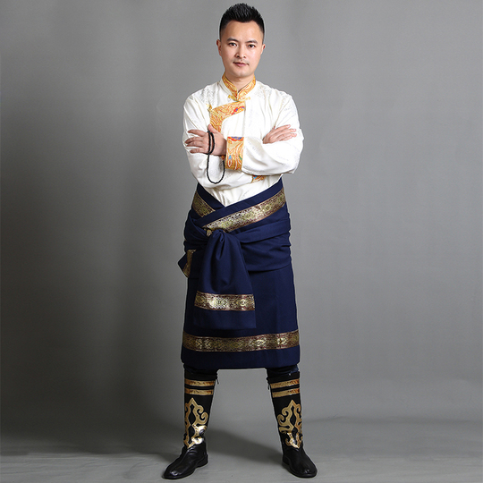 modern tibetan dress male Blue Tibetan Men's Robe Traditional Winter Coat with Ethnic Style shirt / 2XL