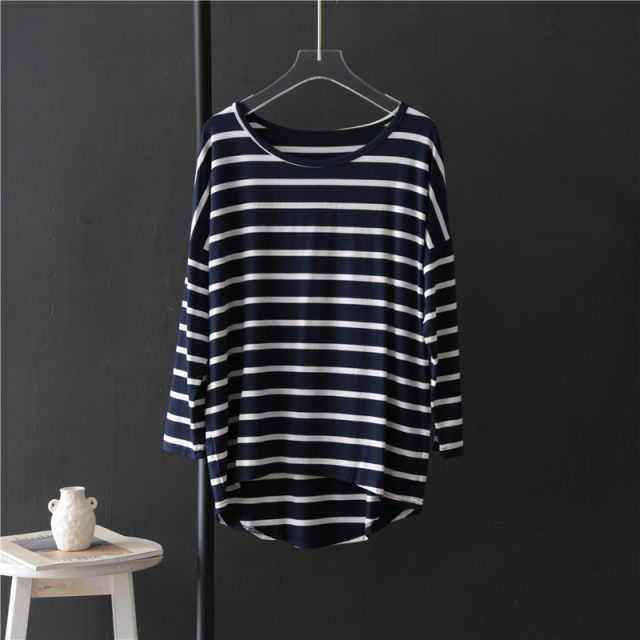 Women's 100% Cotton Striped Pullover Sweater - Lapel Collar 7-Point Sleeve Loose Fit Top For Spring & Summer - View #8