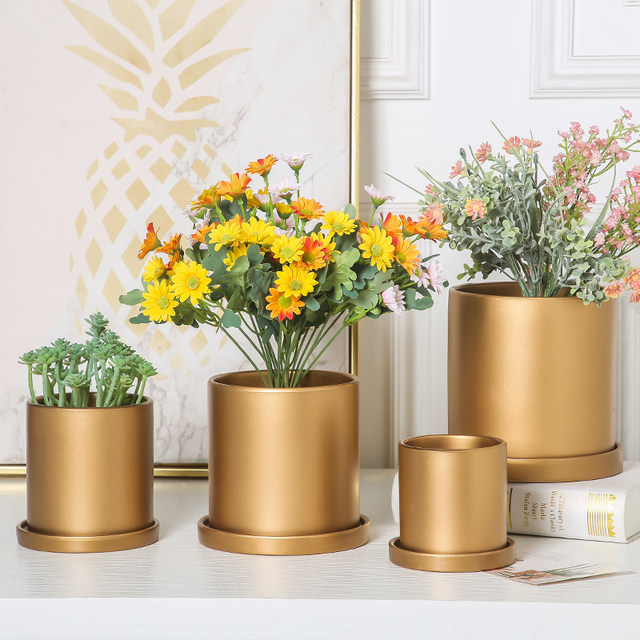 Straight matte gold silver cylindrical ceramic flower pot indoor and outdoor desktop flowers floor floral pot with tray
