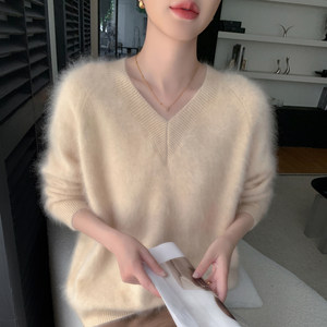 
Light luxury high-end cashmere sweater for women V-neck brushed solid color knitted long-sleeved sweater loose woolen sweater bottoming top