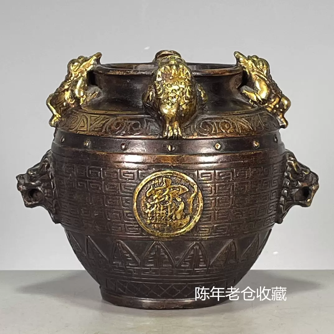 老物件古董老货收藏真品铜器清代纯铜鎏金浮雕金蟾进宝双耳罐-Taobao Singapore