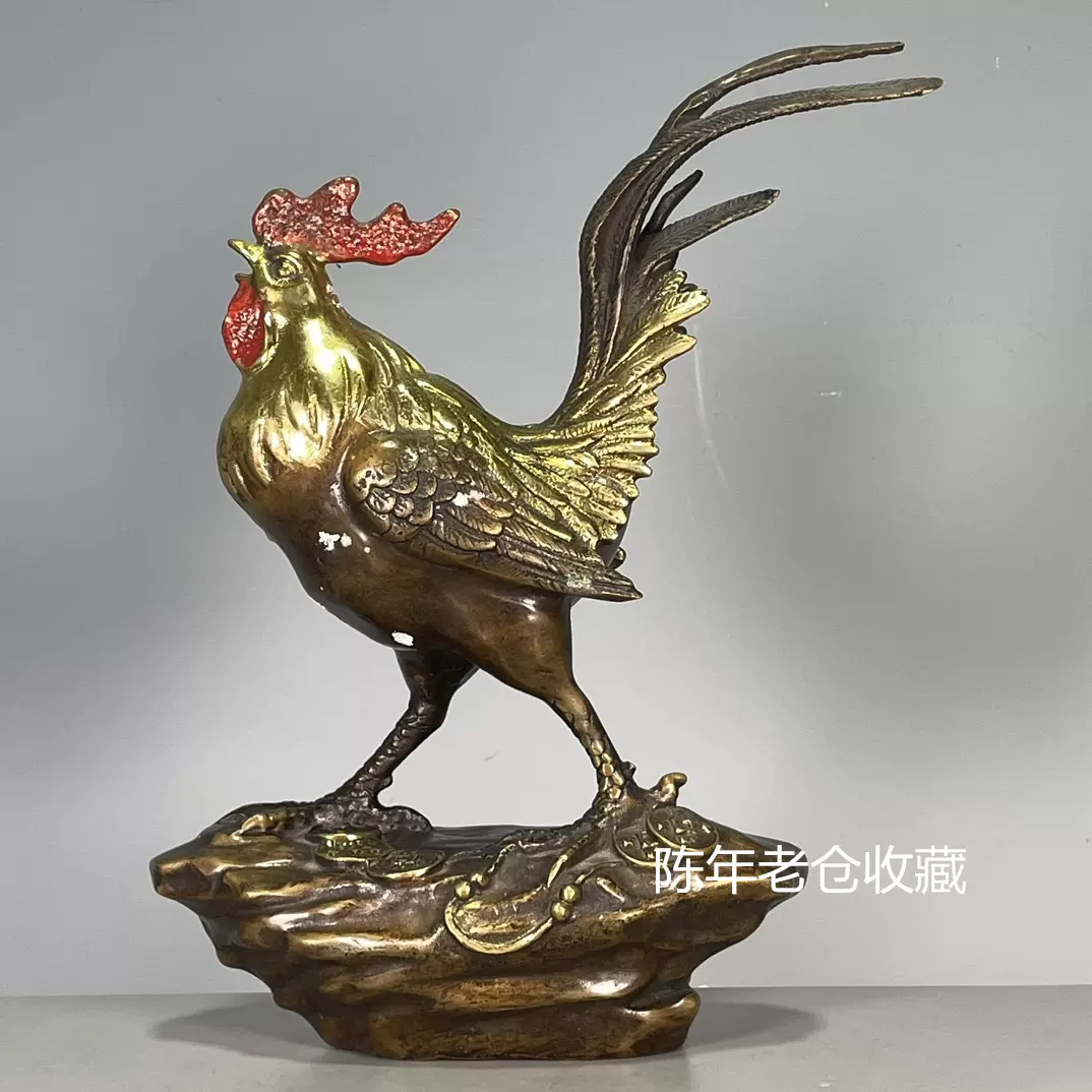 老物件古董铜器收藏真品古玩装饰文玩乾隆年制纯铜纯铜鎏金公鸡摆 