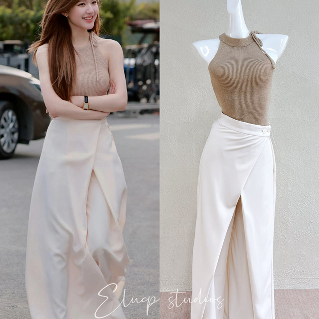 Xu Me dazzling Zhao Lusi and Xu Yan same style halter knitted vest design is irregular in suit wide-leg pants