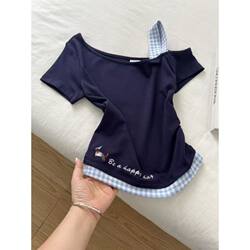 2026 New Style Girls' One-Shoulder Short-Sleeve T-Shirt with Plaid Patchwork, Summer Top for Children, Girls' Trendy Clothing for Older Kids