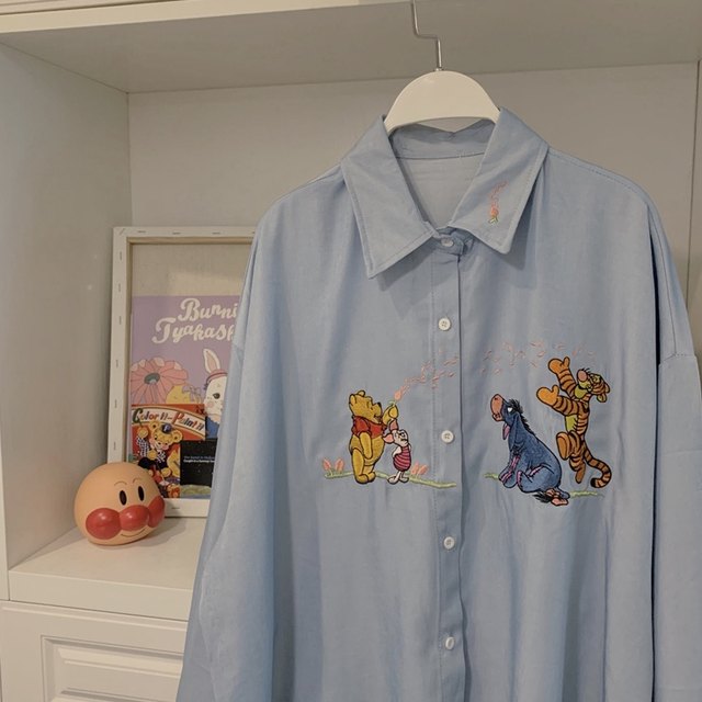 September kids~Vintage Vintage cartoon embroidered shirt Korean retro loose long sleeves