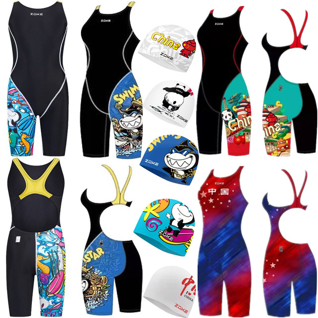 2025 Zhouke Teenagers and Girls Five-point Flat Angle Professional Swimsuit Competition Long Training Special One-piece Five-point Swimsuit