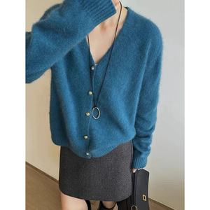 
2017 [V-neck Peacock Blue Cardigan] Spring new knitted sweater loose outside wear ladies lazy sweater jacket