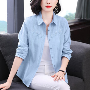 
Middle-aged and elderly women's fashionable mother's pure cotton long-sleeved shirts women's style tops loose large size cotton shirts spring and summer