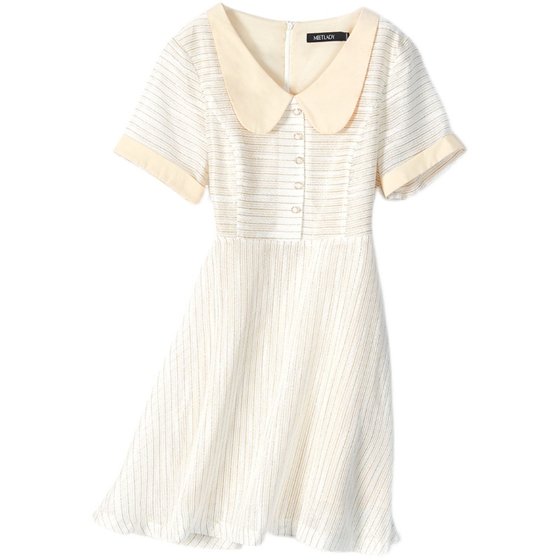 MEETLADY super fairy doll collar contrasting short-sleeved chiffon dress 2023 new summer high waist slim mesh skirt