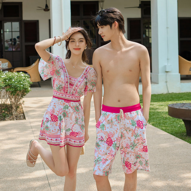 
Couple swimsuit men's and women's suit ethnic style plus size slimming beach pants one-piece skirt style conservative boxer briefs swimming suit