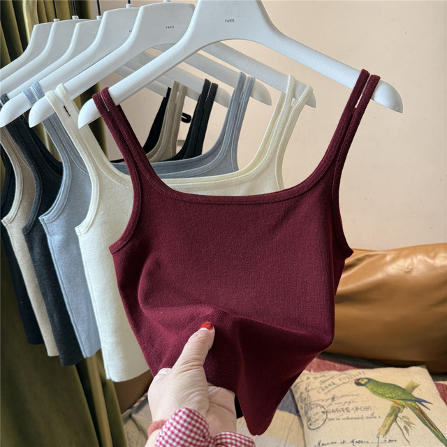 
Short wool double spaghetti straps autumn and winter camisole women's inner and outer wear beautiful back bottoming shirt top solid color