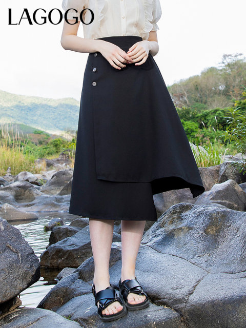 LAGOGO Commuter Career Irregular Skirt for Women Lagugu Summer New Black Temperament A-Shaped Mid-Long Skirt