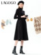 LAGOGO stand-up collar A-line black dress for women Lagugu Valley winter new style literary slim temperament splicing skirt