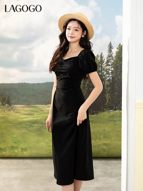 
LAGOGO black waist-pinching dress for women Lagugu Valley 2025 summer new elegant Hepburn style skirt