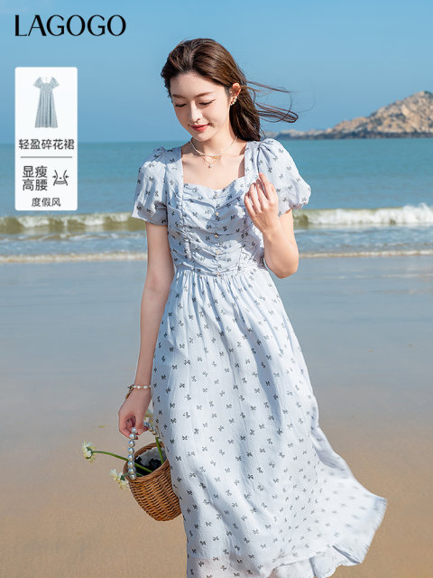 LAGOGO French Square Collar Bow Printed Dress Women's Lagugu 2025 Summer New Puff Sleeve Skirt