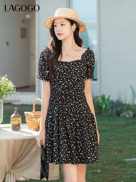 LAGOGO black high-end French dress for women Lagugu Valley 2025 summer new square neck temperament floral skirt