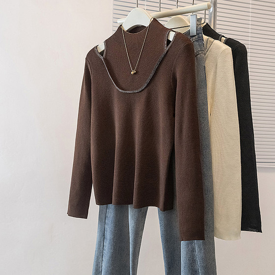 Plus size women's new Korean design hollow bottoming half turtleneck hot diamond sweater slim knitted inner top