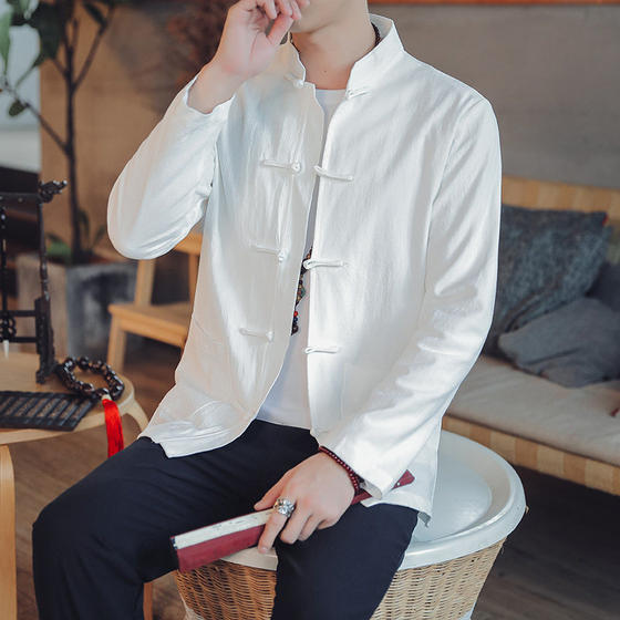
Spring Chinese style cotton and linen stand-up collar long-sleeved shirt retro buttoned Tang suit thin section Chinese tunic suit layman Zen suit for men