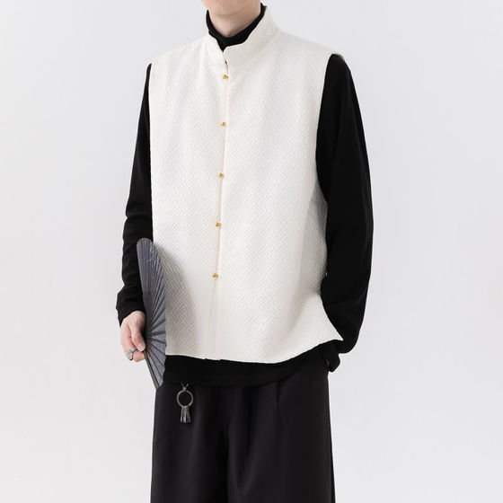
Autumn Chinese style copper button vest stand collar sleeveless Tang suit jacket retro knight vest men's casual mandarin jacket vest
