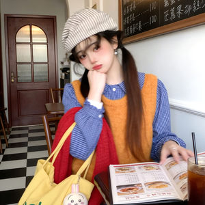 
iuuile homemade orange round neck pullover vest for women 2026 new style versatile casual retro solid color stacking