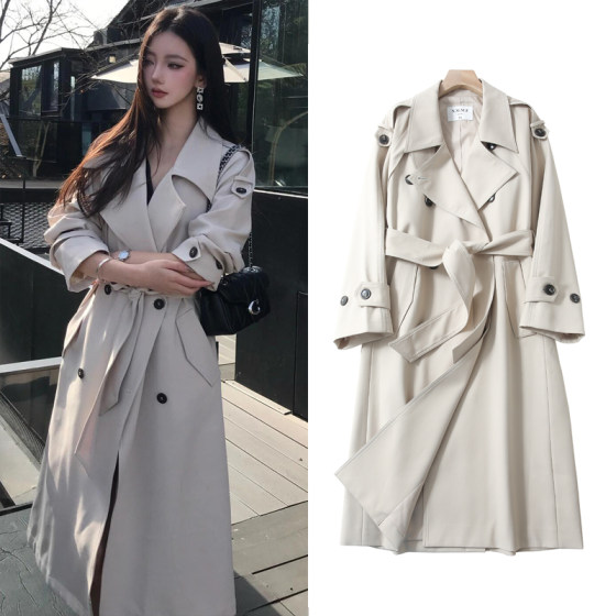 
FBB WORKS Paris Old Dream classic silhouette large lapel double-breasted mid-length temperamental windbreaker jacket for women