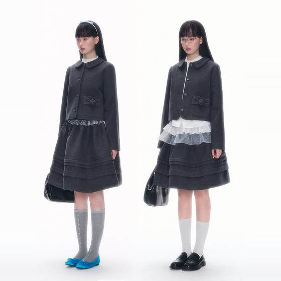 
Nanxi Fashionable nerd college-sense suit design sense rose tweed coat girl fluffy skirt winter